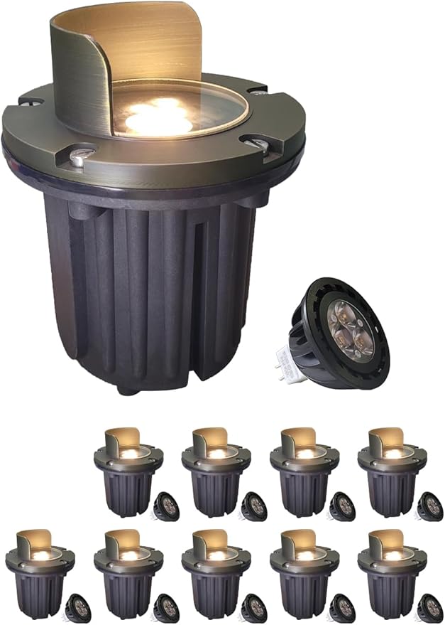 MALORY Brass Top Cover Landscape Well Lights,(6‘’H 12V Low Voltage Outdoor In Ground Lights, Anti-Glare Landscape Lighting with 5W 450LM MR16 for Pathway, Driveway (Shield Top, 10-Pack with Bulb)