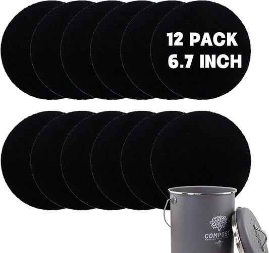 12 Pack - 6.7 Inch Round Compost Bin Charcoal Filters,Extra Thick Activated Carbon Charcoal Filters for Longer Lasting Odor Control, Fits Countertop and Home Bucket Kitchen Compost Bins (Refill)