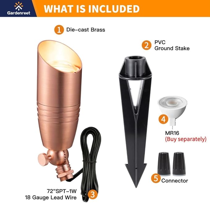 Spot Light Brass - Outdoor Landscape Spotlights LED, 12V Low Voltage Landscaping Uplights Bright, Hard-Wired All Weather Copper for Backyard Lawn with No Bulbs (8 Pack)