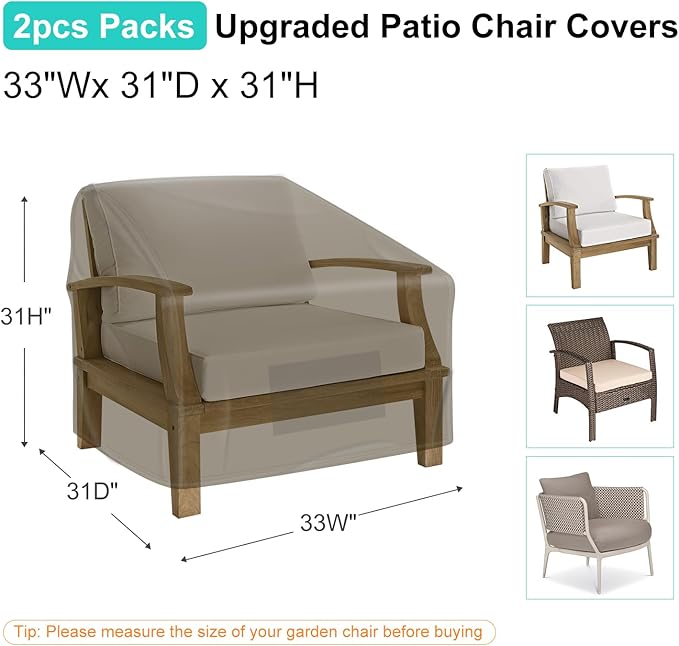 Patio Chair Covers for Outdoor Furniture Waterproof 2 Pack, Lawn Chair Covers 600D Heavy Duty Oxford Cloth, Large Covers for Lounge Lawn Deep Seat 33" W x 31" D x 31" H-Brown
