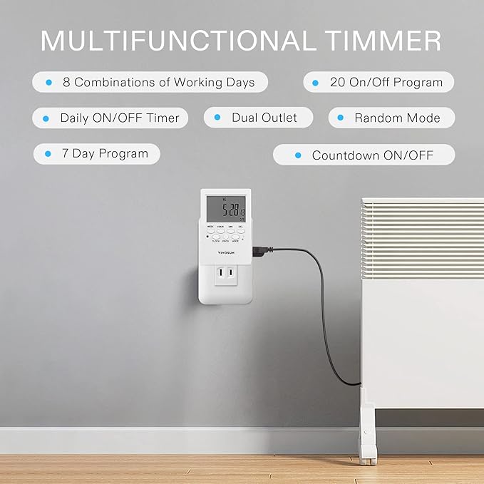 VIVOSUN Digital Timer Outlet 7 Day Programmable Digital Outlet Timer with 2 Independent Outlets 3 Prong, 20 on/Off Programs Groups, Countdown Setting, Indoor for Light Lamp, Fan(1Pack)