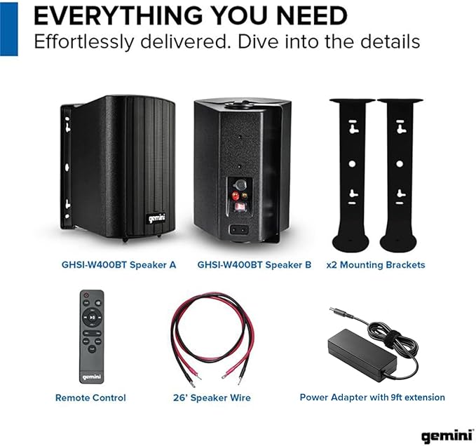 Gemini Sound GHSI-W525BT 5.25" Outdoor Bluetooth Speakers IP44 Waterproof Wired Powered Wall Mount Pair with Aluminum Grills, Patio Ready, Daisy-Chain Up to 16 Speakers, Balanced Stereo Audio (Black)