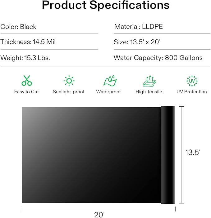 VIVOSUN 13.5 x 20 Feet Pond Liner, 14.5 Mil Durable LLDPE Pond Liners for Koi Ponds, Aquaculture and Water Gardens, Black