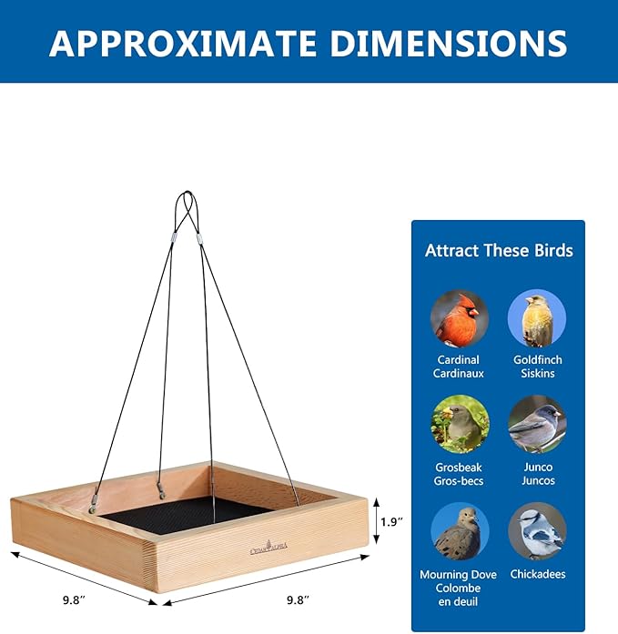 Wood Platform Tray Bird Feeder 10” - Alaskan Red Cedar Hanging Bird Feeder for Outside Outdoor - Stainless Steel Cable Mesh Base - Longtime Outdoor Lasting Weatherable Heavy Duty Flythrough Birdfeeder