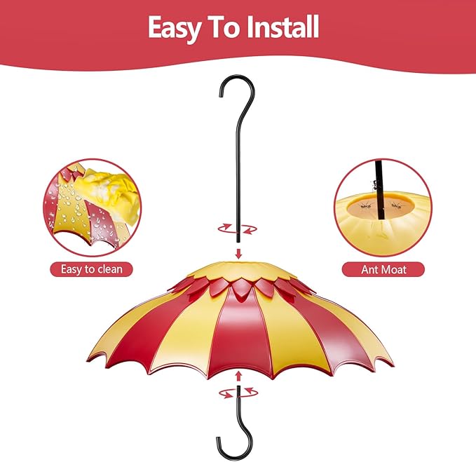 Bird Feeder Baffle 14" with Ant Moat, Beserie Large Bird Feeder Rain Guard Cover with Ant Guard & Shepherd Hooks, Attract Hummingbirds & Anti Squirrel/Sun/Rain/Snow/Ants (Red-Yellow, 14 inches, 35cm)