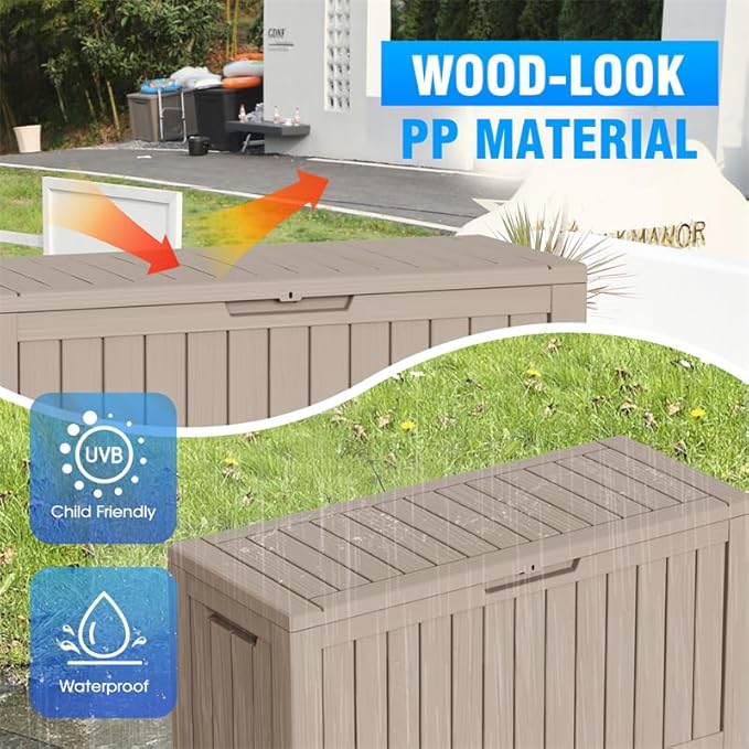 80 Gallon Deck Box Large Outdoor Storage for Patio Furniture,Outdoor Cushions,Garden Tools and Pool Supplies,Waterproof,Resin,Lockable(Grey)