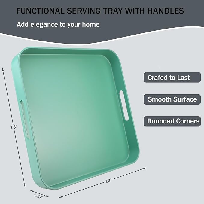 Square Green Decorative Serving Tray with Handles, Versatile Ottoman Tray for Coffee Table, Entertaining, Outdoor Patio, Living Room, 13”*13”*1.6”