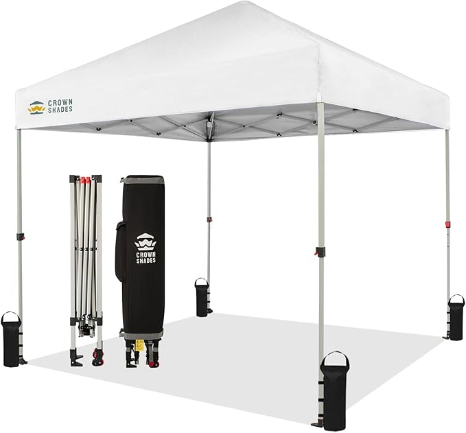 CROWN SHADES 8x8 Pop Up Canopy - Beach Tent with One Push Setup - Easy Outdoor Sun Shade for Events, Parties, Camping - Gazebo with STO-N-Go Cover Bag, Silver Coated Top, White
