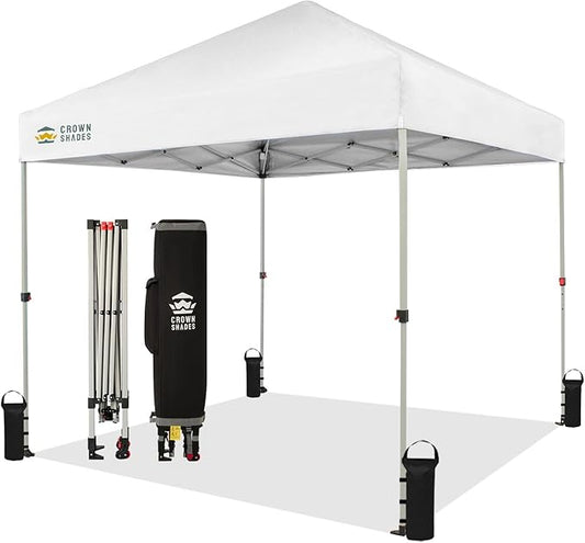 CROWN SHADES 8x8 Pop Up Canopy - Beach Tent with One Push Setup - Easy Outdoor Sun Shade for Events, Parties, Camping - Gazebo with STO-N-Go Cover Bag, Silver Coated Top, White