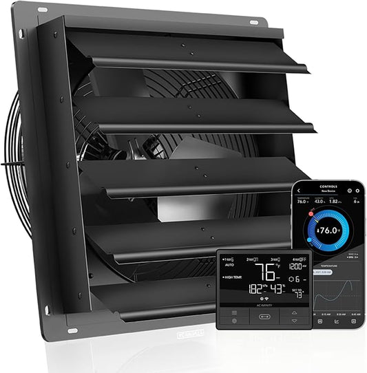 AC Infinity AIRLIFT T20, Shutter Exhaust Fan 20" with WiFi Temperature Humidity Controller, EC-Motor Wall Mount Ventilation and Cooling for Sheds, Attics, Workshops, and Greenhouses