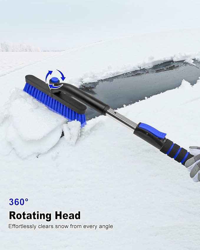 SEAAES Ice Scraper with Snow Brush for Car Windshield, Upgraded Extendable Snow Brush with Foam Grip for Truck SUV Vehicle Window - Blue