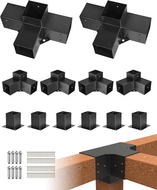 VEVOR Pergola Kit, 4x4 Inch Pergola Brackets for 3.5x3.5 Inch Wood Beams in Actual Dimension, 3-Way (4 Pcs) and 4-Way (2 Pcs) Gazebo Brackets with 6 Post Bases, for Outdoor Pergolas, Gazebos, Sheds