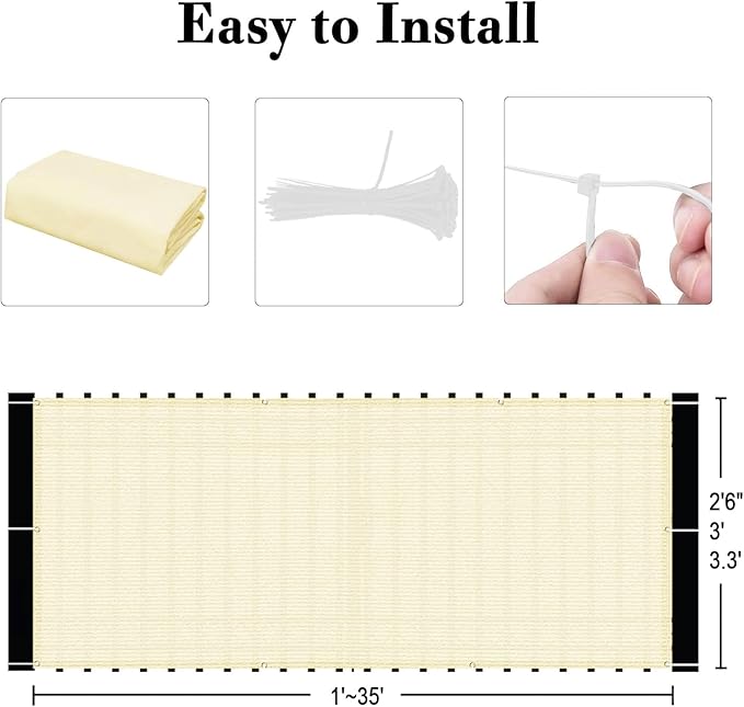 SUNLAX 3'x10' Butter Cream Balcony Privacy Screen Fence Windscreen Cover Fabric Shade Netting Mesh Cloth with Grommets UV Protection for Patio, Backyard, Porch, Railing Shield 90%