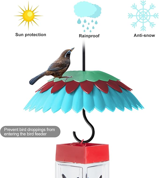8" Bird Feeder Cover with Ant Moat, Skaithee Bird Feeder Baffle with Hummingbird Feeder Ant Guard & Rain Guard & Shepherd Hooks, Bright Colors Attract More Birds & Anti Rain/Snow/Ants (Blue 8 inches)
