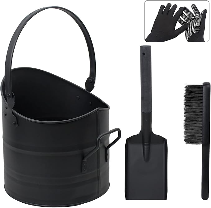Poofzy Ash Bucket - 2.6 Gallon Metal Ash Bucket, Includes Shovel, Broom and Gloves for Wood Stove, Fireplace and Fire Pit