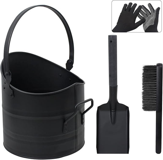 Poofzy Ash Bucket - 2.6 Gallon Metal Ash Bucket, Includes Shovel, Broom and Gloves for Wood Stove, Fireplace and Fire Pit