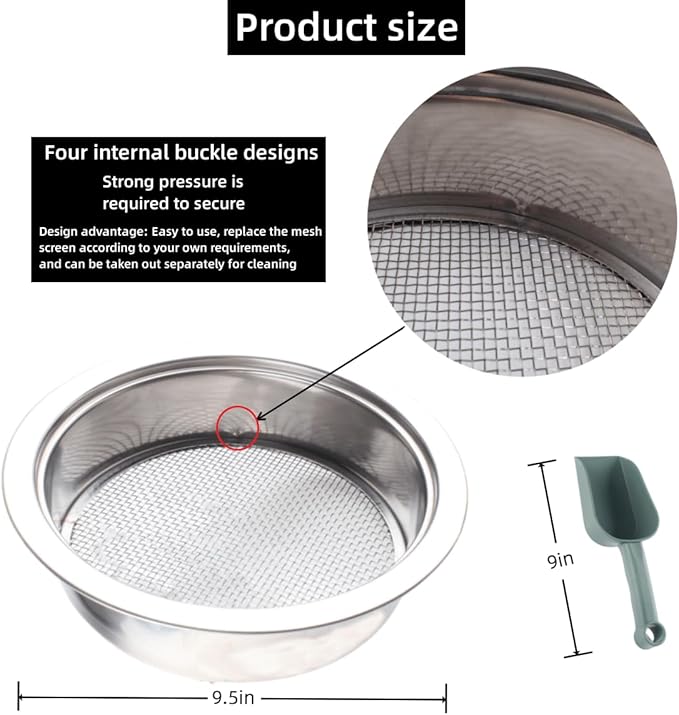 Garden Sieve Sifting Soil Sifter,5 Sieve Mesh Filter Sizes and Shovel, Stainless Stackable Gardening Sifting Screen Pan for Dirt, Sand, Rock, Filtration, Compost and Bonsai.