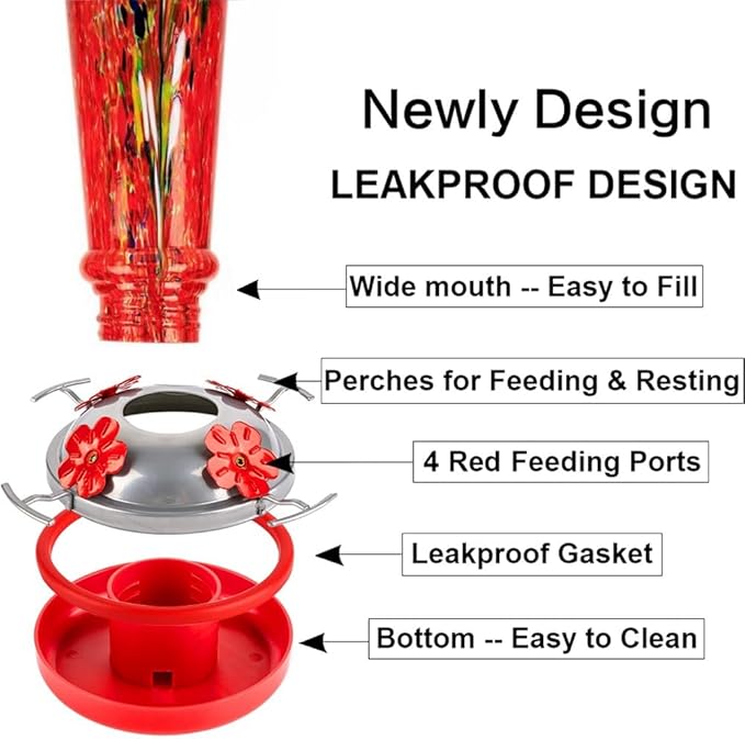 Window Hummingbird Feeder with 5 Strong Suction Cup 16 Ounces Colorful Hand-Blown Glass Hummingbird Feeder for Outdoor Patio Hanging Windows Mount (Red)