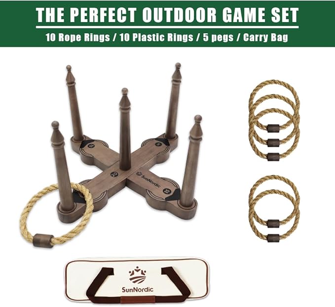 Wooden Ring Toss Game Set, Backyard Beach Camping Game with Toss Rings & Portable Carrying Bag, Outdoor Lawn & Yard Games for Kids, Adults & Family