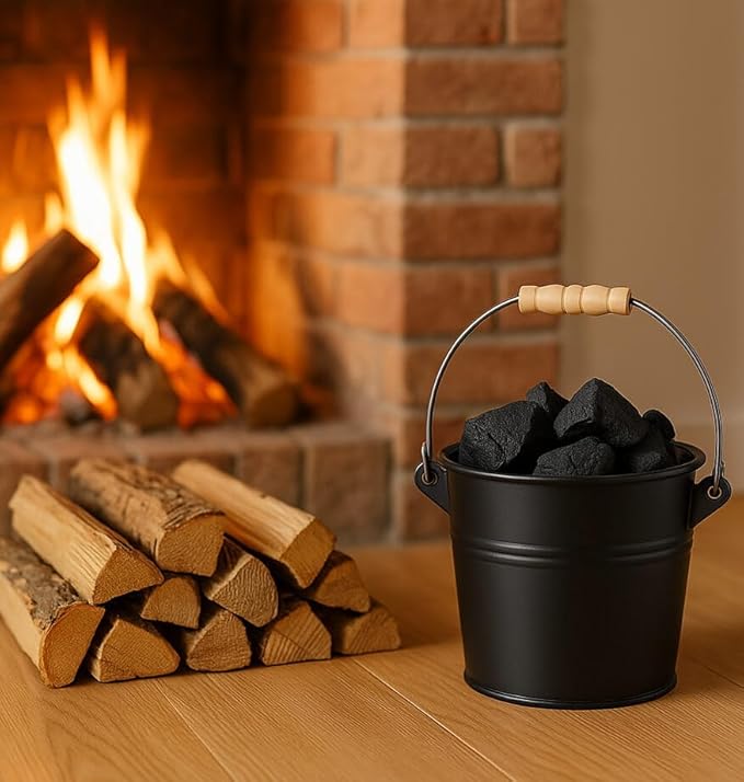 vensovo 1.5 Gallon Ash Bucket with Lid - Shovel, Broom, and Gloves, Heavy Duty Galvanized Iron, Fire-Resistant, Black Finish Perfect for Fireplaces, Fire Pits