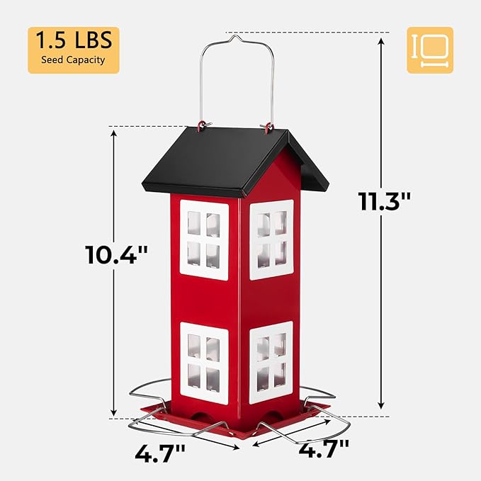 Veehoo Bird House Feeders for Outdoors Hanging-Metal Wild Bird House Feeders with 4 Ports, Country House Design, Garden Yard Decor Hanging Bird Feeder for Outside, Large Capacity, Red