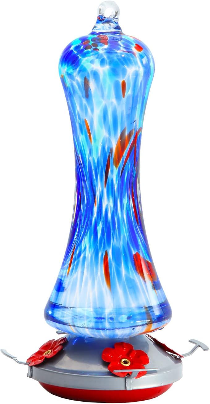 Hummingbird Feeder for Outdoors Hanging, Hand Blown Glass Hummingbird Present with Perch, Leak Proof, Never Fade, 4 Feeding Ports, 38 fl.oz, Include Hook, Ant Moat, Rope, Brush, Present for Garden