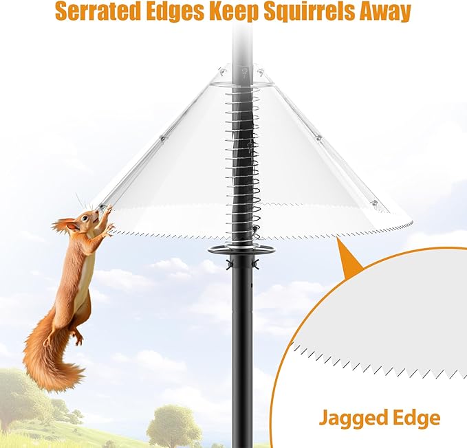 Squirrel Baffle for Bird Feeder Pole - Bird Feeder Baffle with Steel Spring Motion for Better Defense, Polycarbonate Extra-Thick Squirrel Guard for Outside Pole Mount, 19 Inch, Metal Buckle