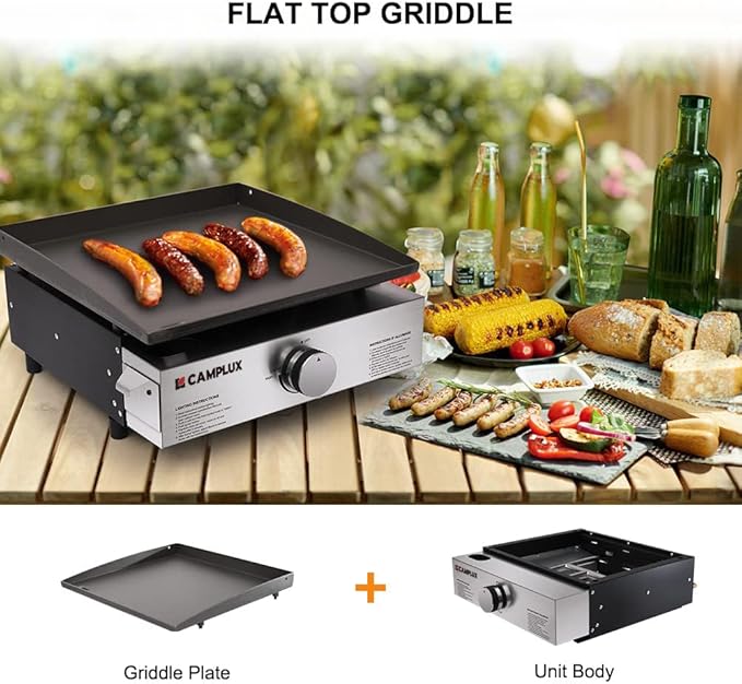 Camplux Propane Gas Griddle Grill, 15,000 BTU Griddle Grill Combo, Portable Camping Griddle Station 17 Inches with 20 lb and RV Regulator for Camping, RV Picnic and Tailgating