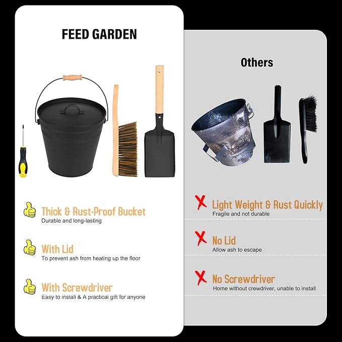 FEED GARDEN 3.5 Gallon Ash Bucket with Lid,Shovel,Broom and Screwdriver, Ash Can for Fireplace Fire Pits,Hearth,Wood Stoves,Fireplace Galvanized Iron Bucket,Pellet Charcoal BucketIndoor Outdoor,Black