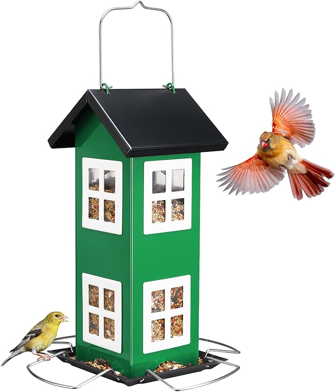 Veehoo Bird House Feeders for Outdoors Hanging-Metal Wild Bird House Feeders with 4 Ports, Country House Design, Garden Yard Decor Hanging Bird Feeder for Outside, Large Capacity, Green