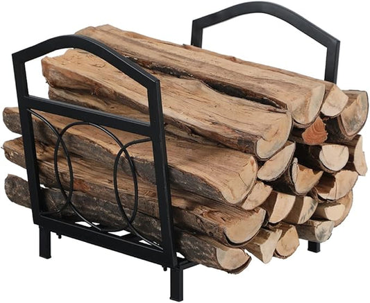 PHI VILLA 17 Inch Small Firewood Log Rack Indoor/Outdoor Steel Wood Storage Log Rack Bin Wood Holder Fireplace Accessories Circle Design, Black