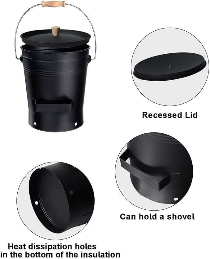 vensovo 2.5 Gallon Ash Bucket with Lid - Shovel, Broom, and Gloves, Heavy Duty Galvanized Iron, Fire-Resistant, Black Finish Perfect for Fireplaces