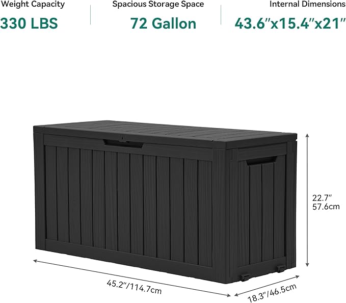 YITAHOME 72 Gallon Outdoor Storage Box w/Wheels, Resin Deck Box Indoor & Outdoor Patio Storage Box for Throw Pillows, Athletic Gear(Black)
