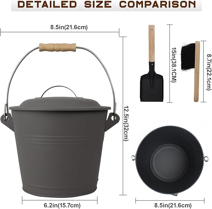 BRIAN & DANY Mini Ash Bucket with Lid and Shovel, 1.3 Gallon Fireplace Metal Bucket with Broom, Coal Bucket Ash Can for Fireplace, Ashes, Fire Pit, Wood Burning Stove, Grey
