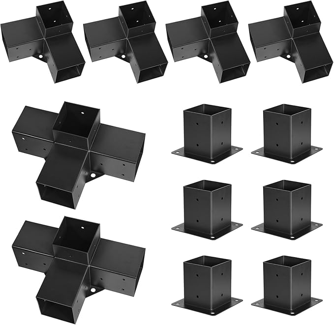 VEVOR Pergola Kit, 4x4 Inch Pergola Brackets for 3.5x3.5 Inch Wood Beams in Actual Dimension, 3-Way (4 Pcs) and 4-Way (2 Pcs) Gazebo Brackets with 6 Post Bases, for Outdoor Pergolas, Gazebos, Sheds