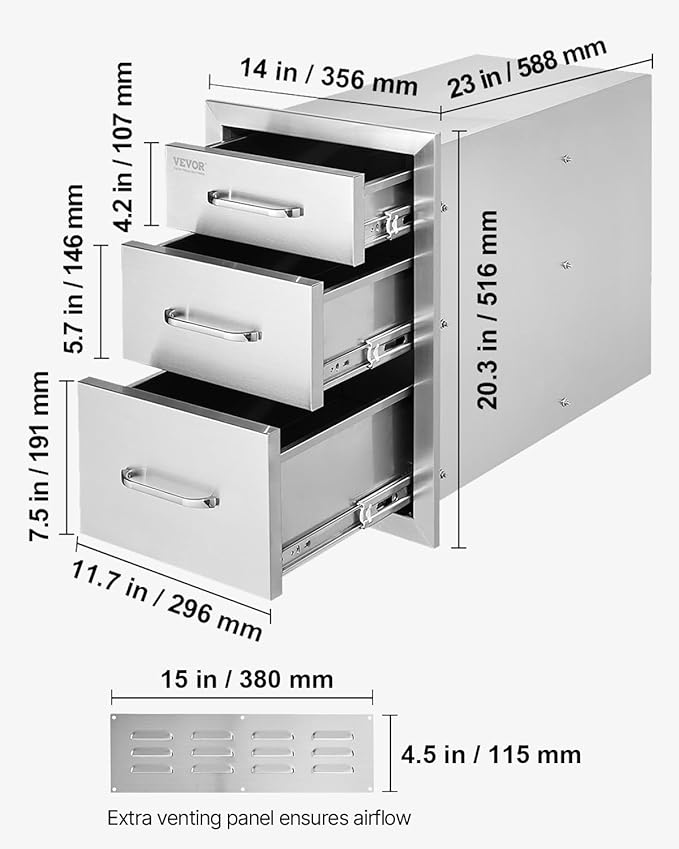 VEVOR 14x20.3 Inch Outdoor Kitchen Drawers Stainless Steel, Flush Mount Triple Drawer, 14W x 20.3H x 23D Inch, with Stainless Steel Handle, BBQ Drawers for Outdoor Kitchens or BBQ Island