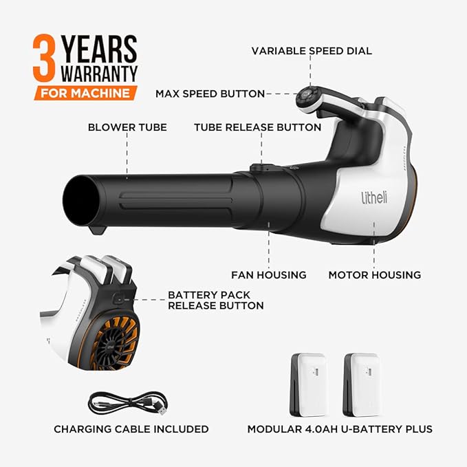 Litheli 2x20V 560CFM Brushless Leaf Blower, U20 Series Electric Leaf Blowers Battery Powered for Blowing Leaf, Dust, Snow, Debris, with 4.0Ah Portable Battery Included