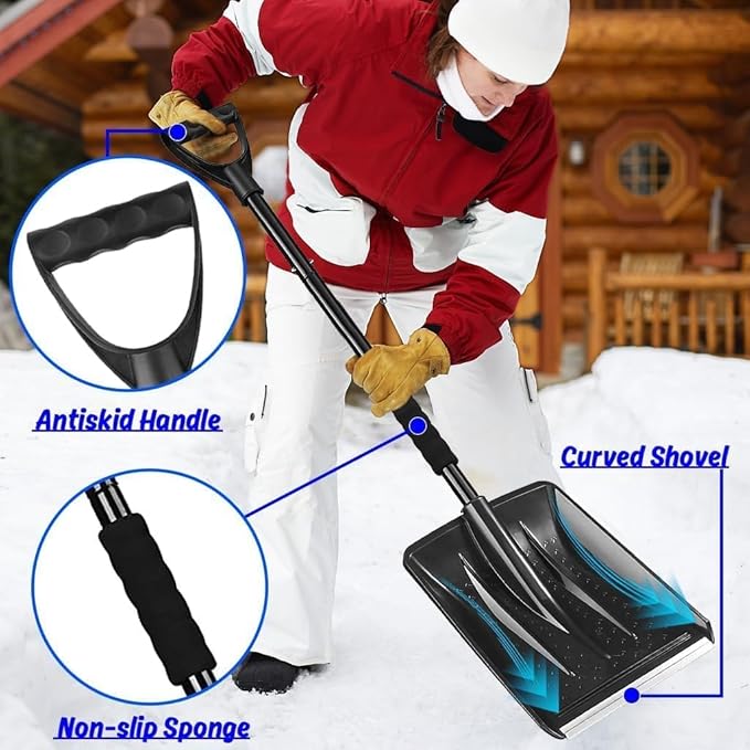 Snow Shovel, New Upgrade Snow Shovels for Car Driveway Snow Removal, Lightweight Portable Adjustable Large Capacity Shovel Perfect for Garden and Emergency(Black)