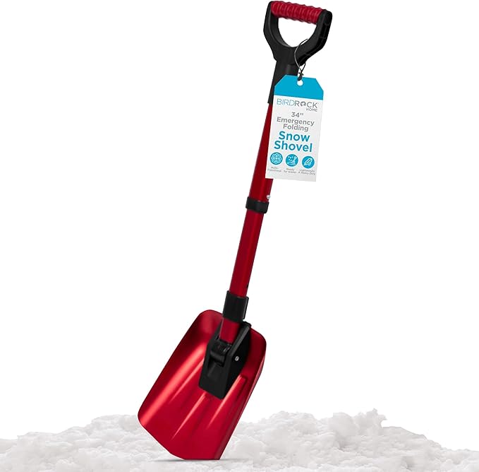34” Folding Emergency Snow Shovel – Rugged Compact Tool for Car, Snowmobiles, or ATV – Compact Winter Survival Gear - Skiing Camping Mud Avalanche - Collapsible Multifunctional - Red