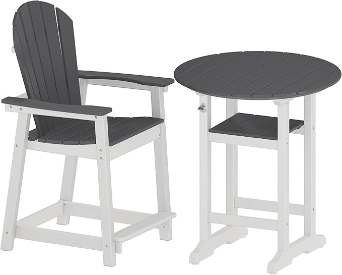 2 Counter Height Adirondack Chairs and 1 Bar Table, All Weather HDPE Patio Furniture, Wide Armrests, High Back, 400lb Capacity (White & Grey)