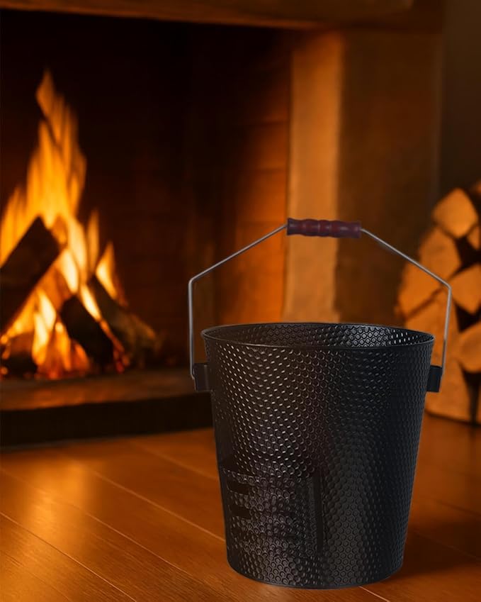 5 Gallon Ash Bucket with Lid - Shovel, Broom, and Gloves, Heavy Duty Galvanized Iron, Fire-Resistant, Black Finish Perfect for Fireplaces, Fire Pits, Wood-Burning Stoves, and Grills