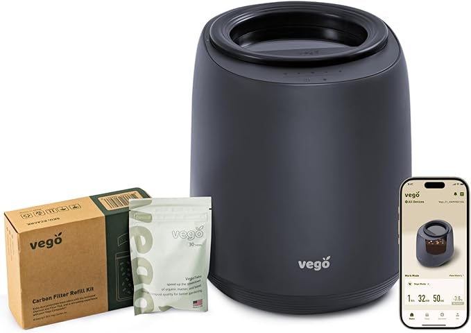 Vego Kitchen Composter, 4L Electric Composter Countertop 5 Modes Weight-Based Smart Compost Bin with App Odorless Auto-Cleaning Food Waste Compost Machine Indoor, Black