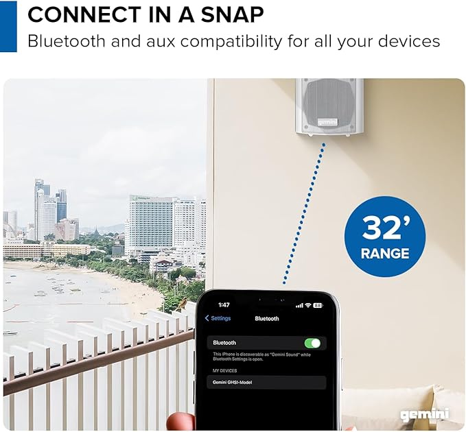 Gemini Sound GHSI-W400BT 4" Outdoor Bluetooth Speakers – Wired Powered IP44 Waterproof Wall Mount Pair, Rust-Proof Aluminum Grills, Expandable to 16 Speakers, Compact Full-Range Stereo (White)