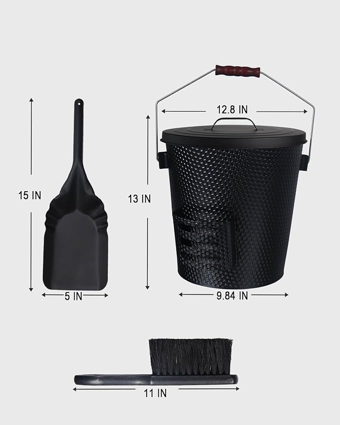 5 Gallon Ash Bucket with Lid - Shovel, Broom, and Gloves, Heavy Duty Galvanized Iron, Fire-Resistant, Black Finish Perfect for Fireplaces, Fire Pits, Wood-Burning Stoves, and Grills