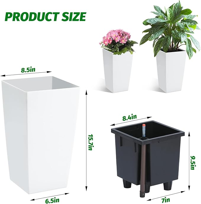 GarveeLife 16 in Tall Planters Set of 2, Outdoor&Indoor Black Planter Pots, High Front Porch Planter Pots with Drainage Holes&Water Level Monitor&Inner Bucket, Automatic Watering,White