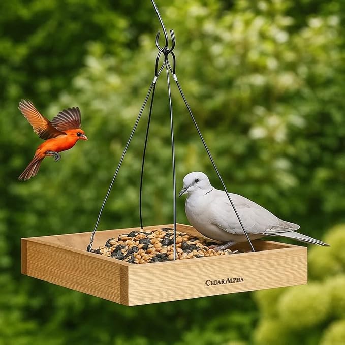 Wood Platform Tray Bird Feeder 10” - Alaskan Red Cedar Hanging Bird Feeder for Outside Outdoor - Stainless Steel Cable Mesh Base - Longtime Outdoor Lasting Weatherable Heavy Duty Flythrough Birdfeeder