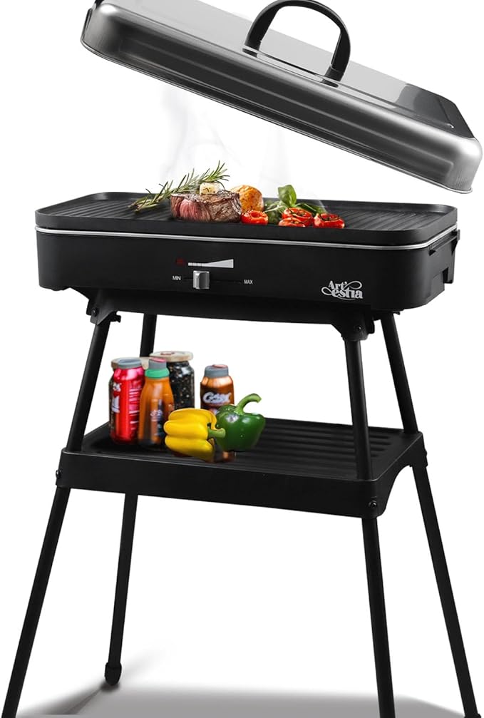 Upgrade Version - Artestia 1800W Electric Outdoor Grill with Lid Indoor Smokeless BBQ Grills with Temperature Control Portable Removable Stand Grill for Cooking, BBQ Party, Family