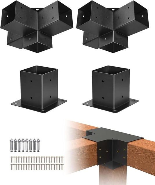 VEVOR Pergola Bracket Kit, 4x4 Inch (Inner Size 3.5x3.5), 2 Pcs 4-Way Heavy Duty Corner Bracket Woodworks DIY Post Base Kit, Easy Installation Wooden Beams for Gazebos, Patio Pergolas, Log Cabin