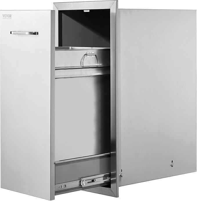 VEVOR Pull Out Trash Drawer 13.4"W x 25.7"H x 19.6"D Lower Sliding Rails Steel Roll Out Trash Bin Pull Out Tray Outdoor Kitchen Trash Drawer with Handle for BBQ Island Grill Station No Trash Can