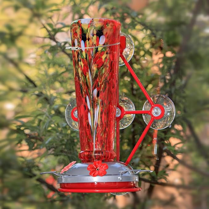 Window Hummingbird Feeder with 5 Strong Suction Cup 16 Ounces Colorful Hand-Blown Glass Hummingbird Feeder for Outdoor Patio Hanging Windows Mount (Red)